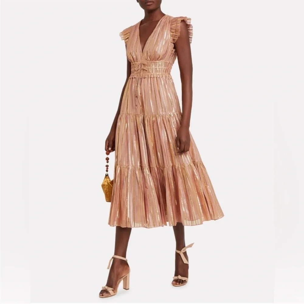 Ulla Johnson Justyne Dress Womens 10 Metallic Striped Wedding Holiday Event Silk